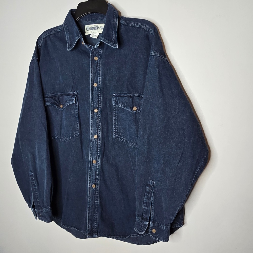 UNIONBAY Mens Denim Button Up Shirt Long Sleeve Blue XL Cotton Workwear Casual - Picture 3 of 6